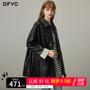 拼接高级感宽松夹克 新款 dfvc复古黑色中长款 皮衣外套女2025年秋季