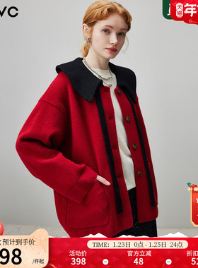 dfvc红色减龄娃娃领短款外套女2025年冬季新款宽松小个子针织开衫