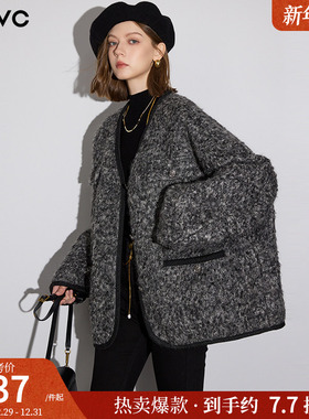 dfvc灰色羊毛短款毛呢外套女2025年冬季新款V领小个子羊羔毛大衣