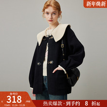 dfvc黑色娃娃领毛呢外套女2025新款冬季撞色牛角扣宽松短款大衣厚