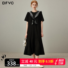 dfvc黑色海军领披肩t恤裙女2025年夏季新款宽松长裙休闲连衣裙子