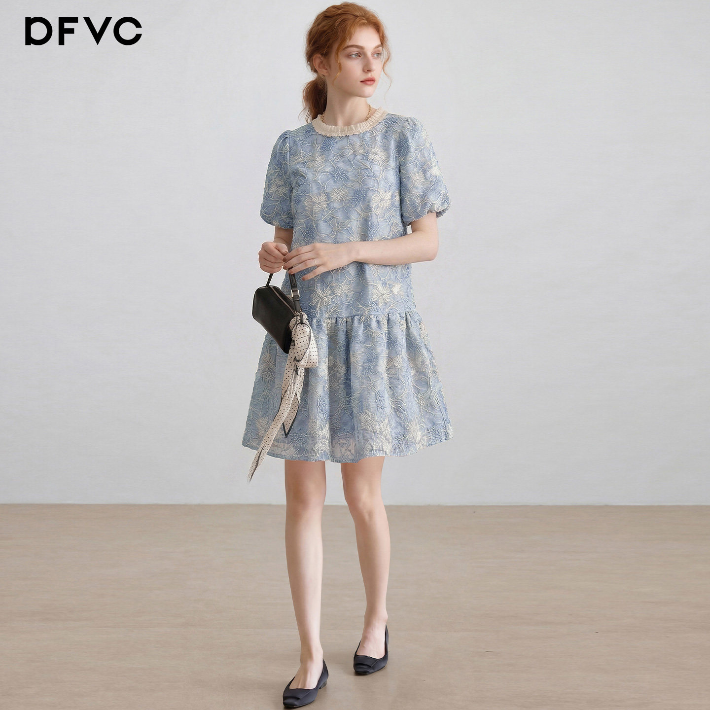 dfvc法式泡泡袖绣花连衣裙