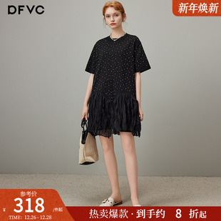 荷叶边连衣裙子 新款 dfvc黑色满天星烫钻圆领短袖 t恤裙女2025夏季