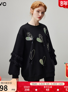 dfvc黑色重工钉珠圆领套头卫衣女2025年冬季新款宽松休闲百搭上衣