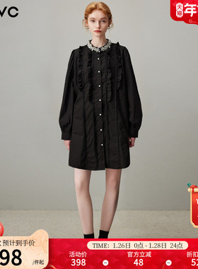 dfvc黑色纯棉长袖衬衫裙女2026年春季新款钉珠木耳边显瘦连衣裙子