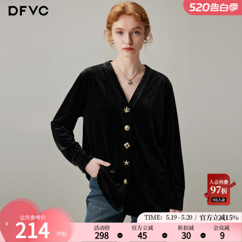 dfvc通勤风气质V领丝绒长袖衬衫