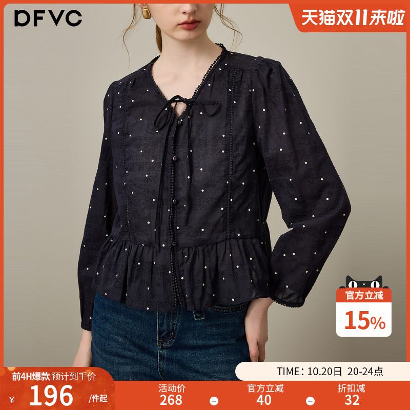 dfvc纯棉法式波点长袖衬衫荷叶边