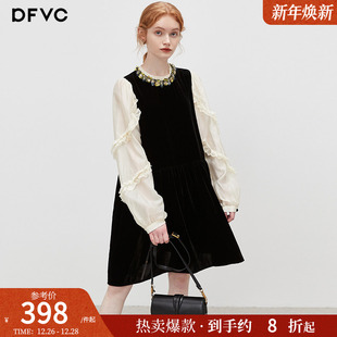 裙子小黑裙 钉珠长袖 dfvc名媛风撞色拼接丝绒连衣裙女2025秋季 新款