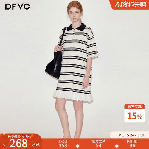 dfvc韩版休闲Polo领条纹T恤裙