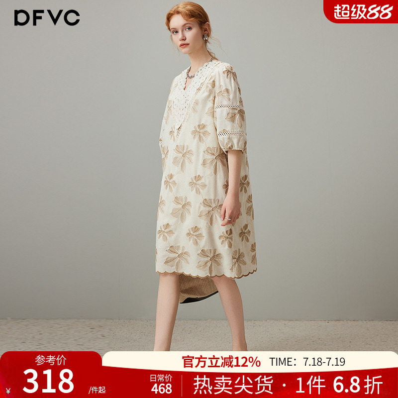 dfvc亚麻重工刺绣连衣裙V领
