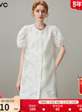 dfvc白色法式泡泡袖连衣裙女2025夏季新款蕾丝刺绣宽松小个子裙子