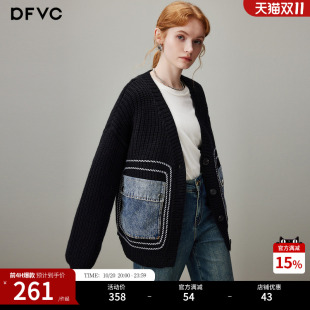 dfvc慵懒风V领针织开衫女2026年秋季新款牛仔拼接宽松毛衣外套厚
