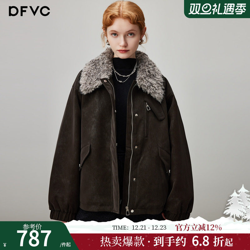 dfvc复古短款皮衣羽绒服毛领加厚