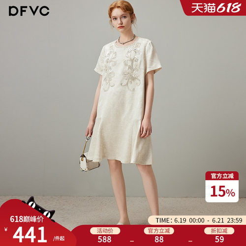 dfvc人丝亚麻复古重工钉珠连衣裙