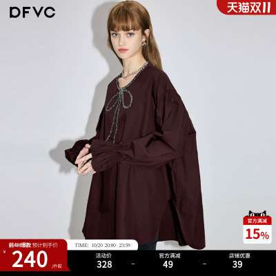 dfvc宽松法式长袖纯棉钉珠衬衫