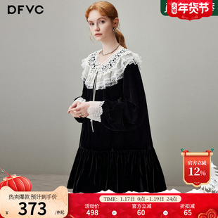 dfvc法式蕾丝荷叶领丝绒连衣裙女2025年冬季新款宽松复古小黑裙子