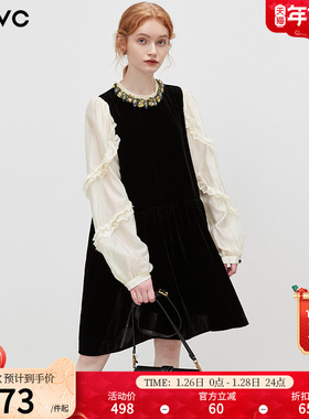 dfvc名媛风撞色拼接丝绒连衣裙女2026春季新款钉珠长袖裙子小黑裙