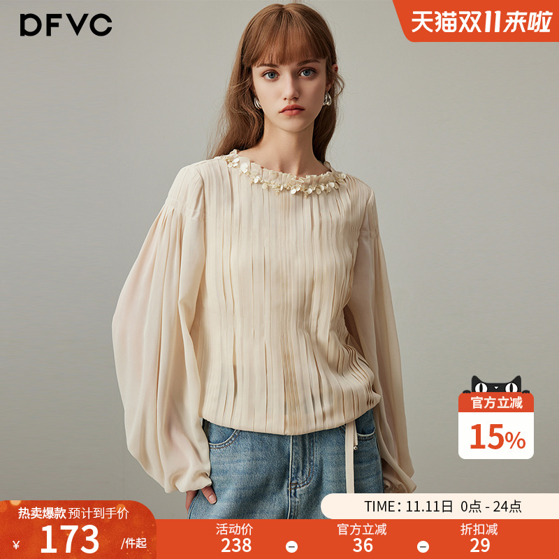 dfvc宽松淑女风长袖压褶衬衫