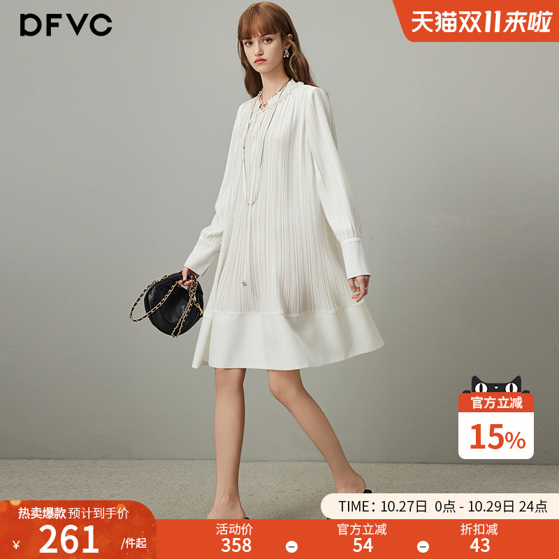 dfvc法式重工压褶长袖连衣裙中长