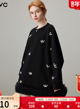 dfvc黑色重工钉珠圆领卫衣裙女2026年春季新款网纱加绒长袖连衣裙