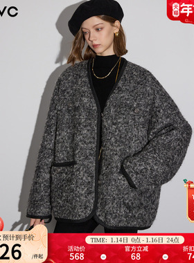 dfvc灰色羊毛短款毛呢外套女2025年冬季新款V领小个子羊羔毛大衣