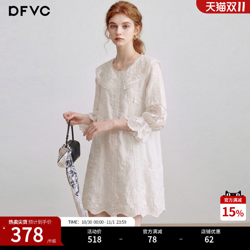 dfvc法式减龄娃娃领连衣裙女2026年秋季新款重工绣花宽松娃娃裙子