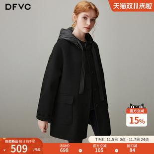 dfvc韓版 綿羊毛呢外套女2025年冬季 新款 連帽寬松雙面呢大衣 中長款