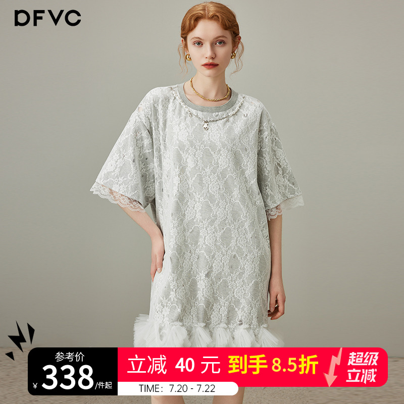 dfvc灰色蕾丝拼接圆领短袖t恤裙女2025年夏季新款宽松休闲连衣裙