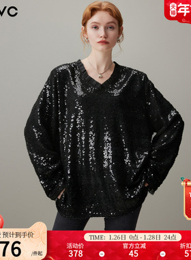 dfvc黑色重工亮片V领长袖T恤女2025年冬季新款宽松百搭内搭打底衫