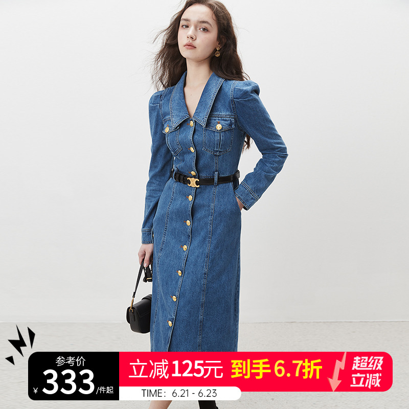 dfvc春季复古翻领长袖牛仔连衣裙女2025新款单排扣修身长款衬衫裙