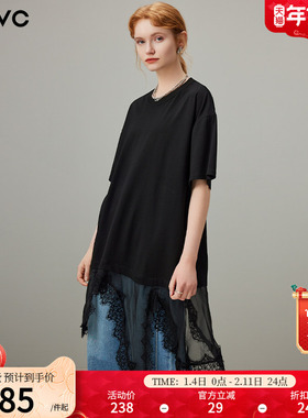 dfvc黑色蕾丝拼接圆领短袖t恤女2025夏季新款设计感小众宽松上衣