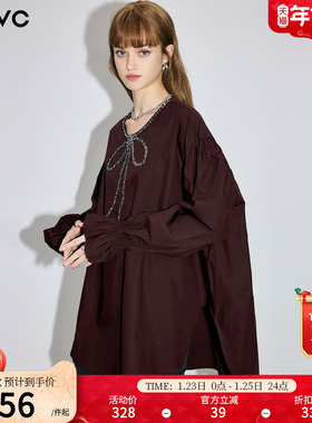 dfvc法式纯棉长袖衬衫女2026年春季新款蝴蝶结钉珠宽松中长款上衣