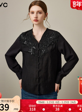dfvc黑色天丝重工刺绣长袖衬衫女2026年春季新款V领宽松显瘦上衣