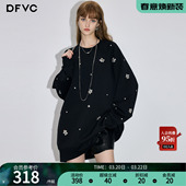宽松中长连衣裙 新款 dfvc黑色美式 休闲重工钉珠圆领卫衣女2026春季
