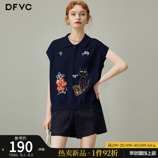 新款 dfvc减龄薄款 女2025年夏季 冰丝短袖 POLO领卡通刺绣上衣 针织衫
