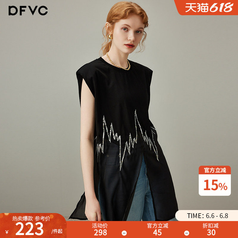 dfvc黑色设计感网纱拼接无袖T恤女2026年夏季新款中长款开叉背心