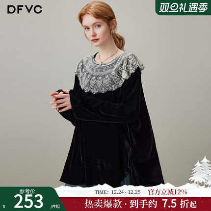 dfvc黑色复古丝绒长袖衬衫女2025年冬季新款荷叶边宽松内搭上衣