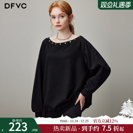 dfvc黑色慵懒风长袖套头卫衣女2025年冬季新款一字肩宽松休闲上衣
