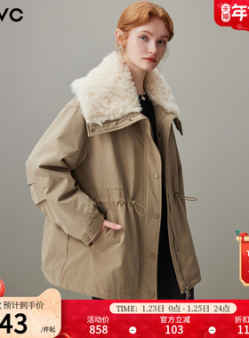 dfvc韩版中长款毛领羽绒服女2025年冬季新款收腰白鸭绒工装派克服