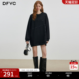 dfvc宽松复古卫衣裙长袖2026秋冬新款钉珠圆领套头蕾丝拼接连衣裙