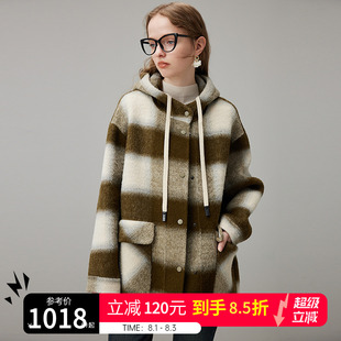 格子羊毛呢子外套 dfvc秋季 韩版 连帽双面羊绒大衣女2025新款 中长款