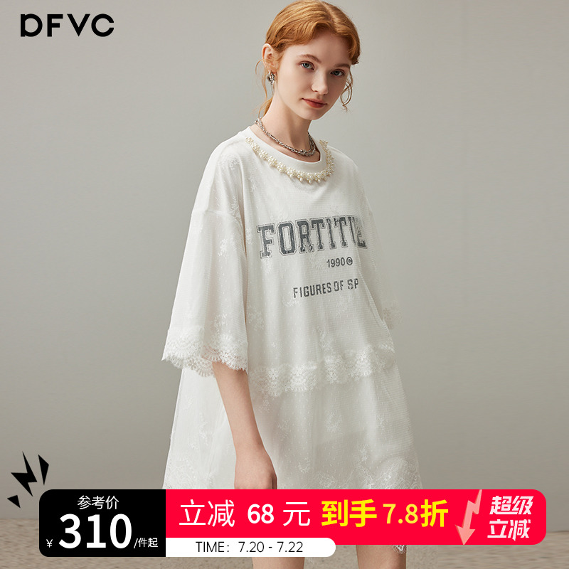 dfvc白色休闲字母短袖t恤女2025年夏季新款蕾丝拼接圆领宽松上衣