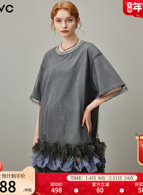 dfvc灰色设计感小众短袖t恤裙女2025年夏季新款网纱拼接连衣裙子