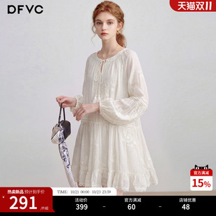 dfvc人丝法式复古长袖连衣裙女2026新款秋季绣花系带领宽松A字裙