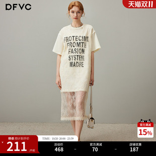 dfvc时尚短袖t恤裙女2026年夏季新款字母蕾丝拼接直筒连衣裙长裙