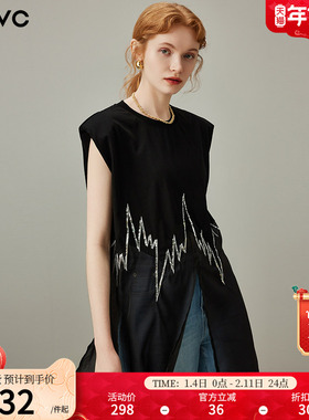 dfvc黑色设计感网纱拼接无袖T恤女2025年夏季新款中长款开叉背心