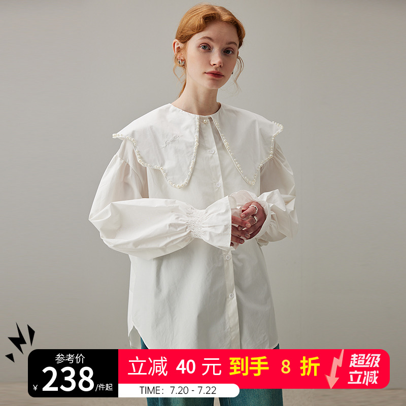 dfvc白色法式娃娃领长袖衬衫女秋季2025新款花瓣袖宽松纯棉上衣薄