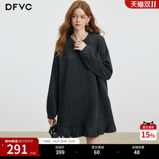 dfvc人丝天丝绵羊毛韩版圆领卫衣裙女2026冬季新款宽松休闲连衣裙
