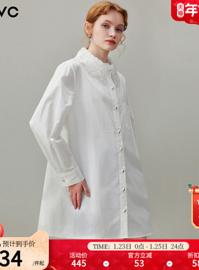 dfvc白色纯棉简约风长袖衬衫裙女2026年春季新款花瓣领宽松连衣裙