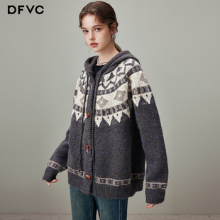 连帽宽松开衫 新款 毛衣 针织外套女2025年冬季 dfvc费尔岛提花中长款